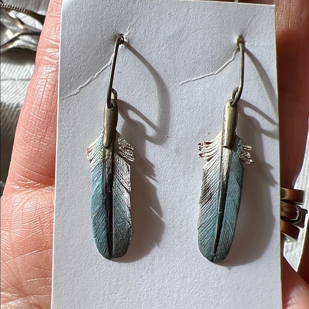 Vintage Sterling Silver hand painted dangle feather earrings
